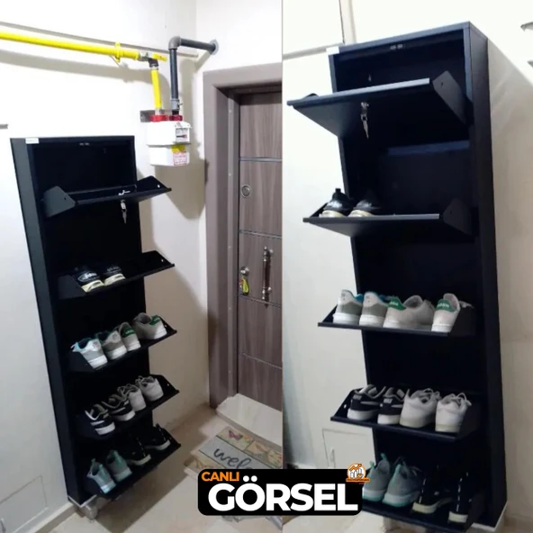 Mobilya Pratik Kilitli 5'li Metal Ayakkabılık - Siyah - 5