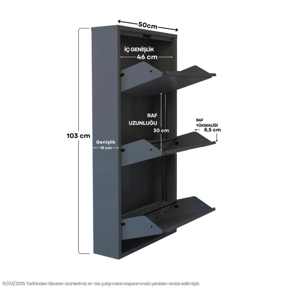Antrasit Metal Ayakkabılık  MAC3 - 3 Kapaklı - 50X15X103 h - Resim 3