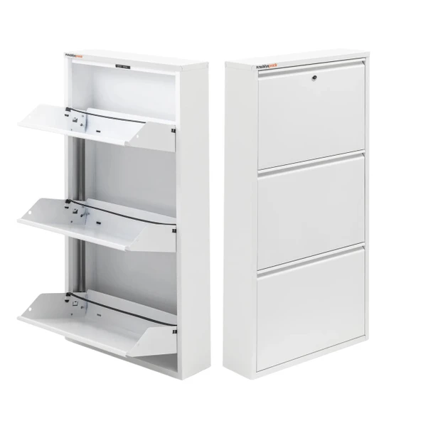 Mobilya Pratik Beyaz Kilitli Metal Ayakkabılık   MAC3 - 3 Kapaklı - 50X15X103 h