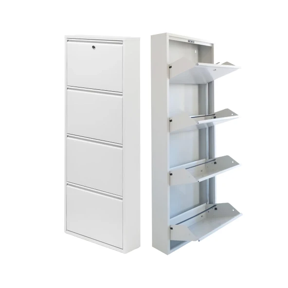 Mobilya Pratik Beyaz Kilitli Metal Ayakkabılık   MAC4 - 4 Kapaklı - 50X15X136 h
