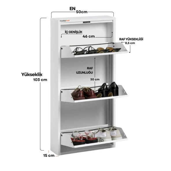 Beyaz Metal Ayakkabılık MAC3 - 3 Kapaklı - 50X15X103 h - 3