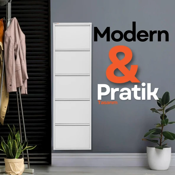 Mobilya Pratik Beyaz Metal Ayakkabılık   MAC5 - 5 Kapaklı - 50X15X169 h - 6