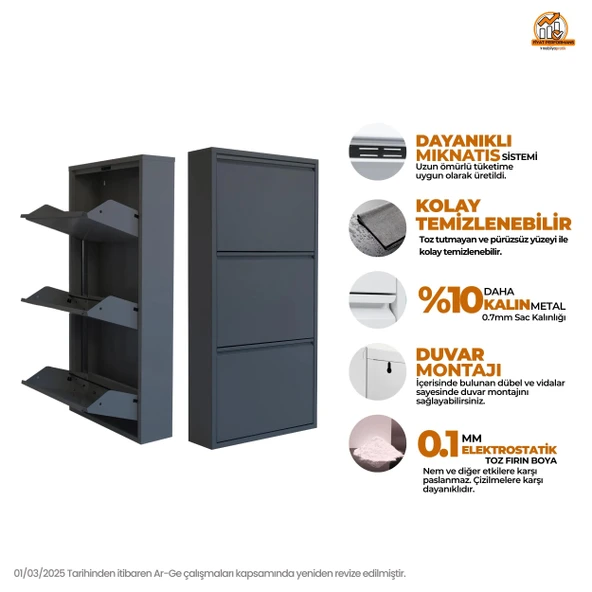 Antrasit Metal Ayakkabılık  MAC3 - 3 Kapaklı - 50X15X103 h - Resim 2