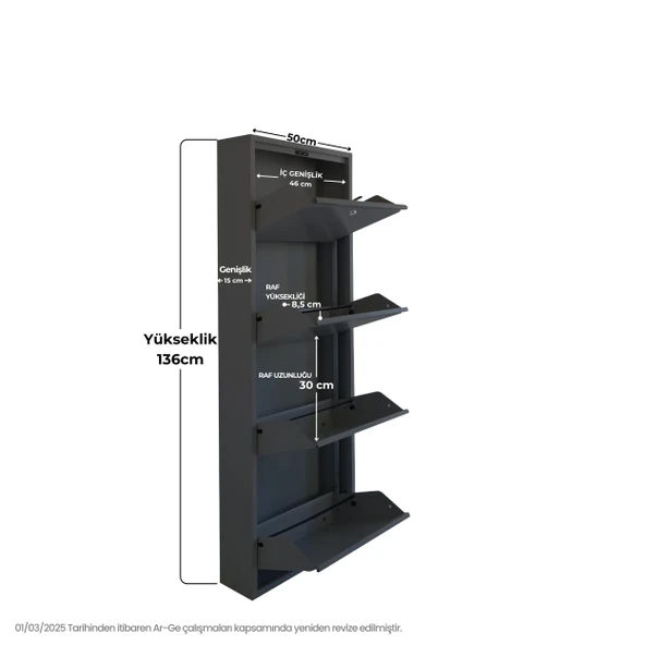 Mobilya Pratik Antrasit Kilitli Metal Ayakkabılık   MAC4 - 4 Kapaklı - 50X15X136 h - 3