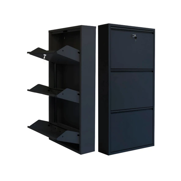 Mobilya Pratik Siyah Kilitli Metal Ayakkabılık  MAC3 - 3 Kapaklı - 50X15X103 h