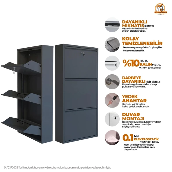 Mobilya Pratik Antrasit Kilitli Metal Ayakkabılık   MAC3 - 3 Kapaklı - 50X15X103 h - 2