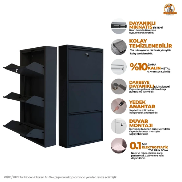 Siyah Kilitli Metal Ayakkabılık  MAC3 - 3 Kapaklı - 50X15X103 h - 2