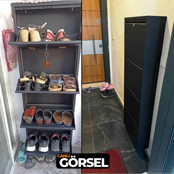 Mobilya Pratik Siyah Kilitli Metal Ayakkabılık  MAC4 - 4 Kapaklı - 50X15X136 h - 5