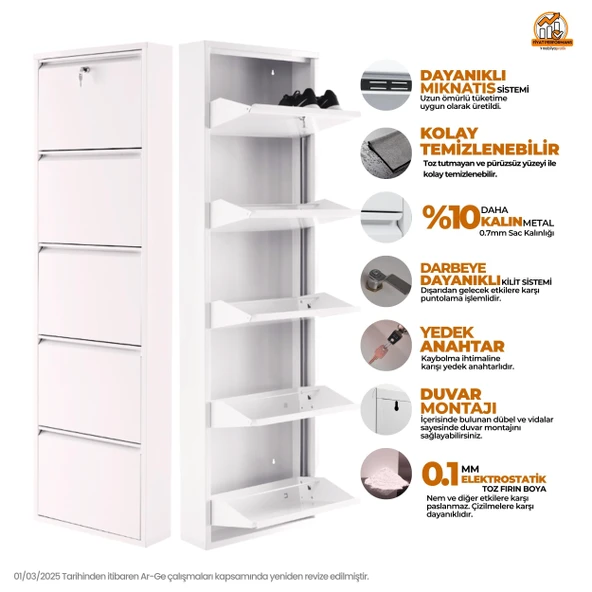Mobilya Pratik Kilitli 5'li Metal Ayakkabılık - Beyaz - 2