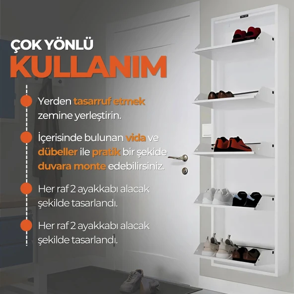 Mobilya Pratik Beyaz Metal Ayakkabılık   MAC5 - 5 Kapaklı - 50X15X169 h - 4