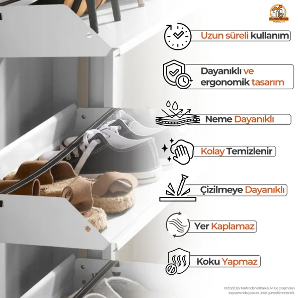Mobilya Pratik Kilitli 5'li Metal Ayakkabılık - Beyaz - 4