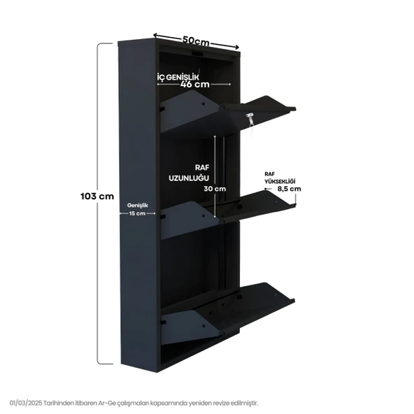 Siyah Kilitli Metal Ayakkabılık  MAC3 - 3 Kapaklı - 50X15X103 h - 3