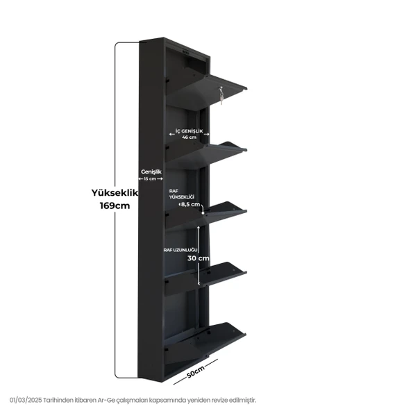 Mobilya Pratik Kilitli 5'li Metal Ayakkabılık - Siyah - 3