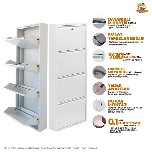 Mobilya Pratik Beyaz Kilitli Metal Ayakkabılık   MAC4 - 4 Kapaklı - 50X15X136 h - 2