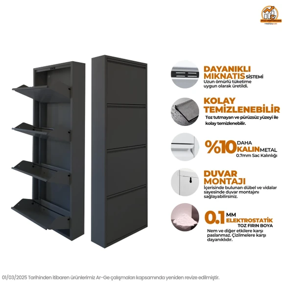 Antrasit Metal Ayakkabılık  MAC4 - 4 Kapaklı - 50X15X136 h - Resim 2
