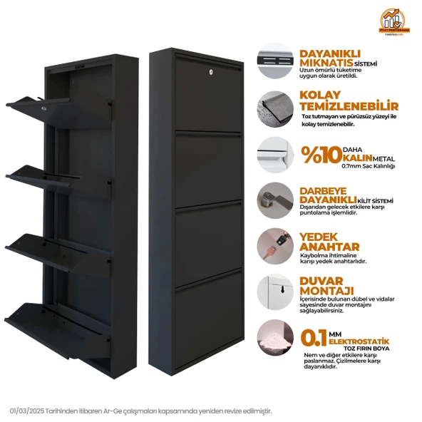 Mobilya Pratik Siyah Kilitli Metal Ayakkabılık  MAC4 - 4 Kapaklı - 50X15X136 h - 2