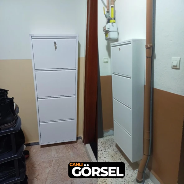 Mobilya Pratik Beyaz Kilitli Metal Ayakkabılık   MAC4 - 4 Kapaklı - 50X15X136 h - 5
