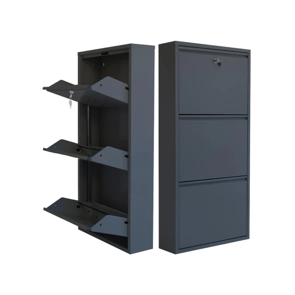 Mobilya Pratik Kilitli 3'lü Metal Ayakkabılık - Antrasit