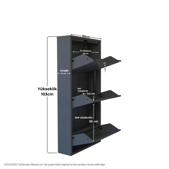 Mobilya Pratik Kilitli 3'lü Metal Ayakkabılık - Antrasit - 3