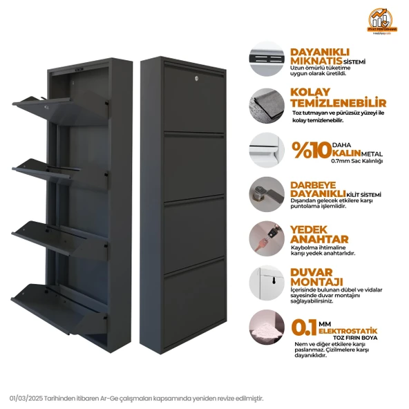 Mobilya Pratik Kilitli 4'lü Metal Ayakkabılık - Antrasit - 2