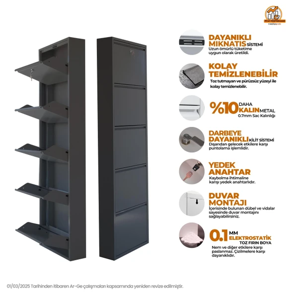 Mobilya Pratik Kilitli 5'li Metal Ayakkabılık - Antrasit - 4
