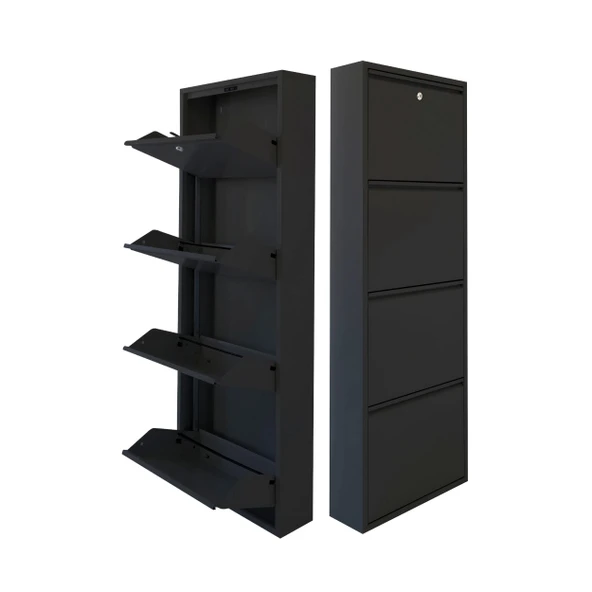 Mobilya Pratik Siyah Kilitli Metal Ayakkabılık  MAC4 - 4 Kapaklı - 50X15X136 h