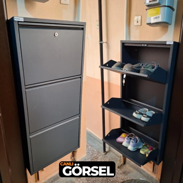 Mobilya Pratik Kilitli 3'lü Metal Ayakkabılık - Antrasit - 5