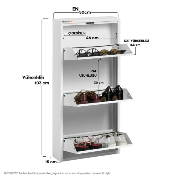 Mobilya Pratik Beyaz Kilitli Metal Ayakkabılık   MAC3 - 3 Kapaklı - 50X15X103 h - 3