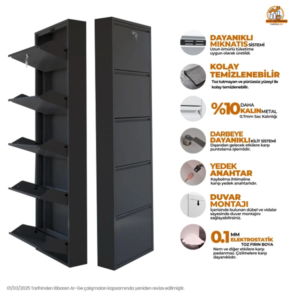 Mobilya Pratik Kilitli 5'li Metal Ayakkabılık - Siyah - 2