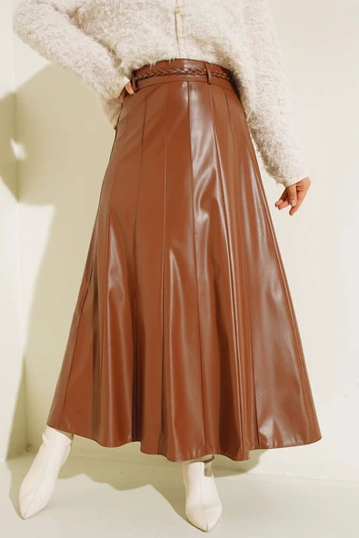 Kemerli Çımalı Deri Etek Taba ürün görseli 1