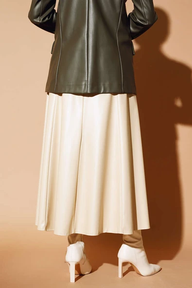 Kemerli Çımalı Deri Etek Bej - Resim 3