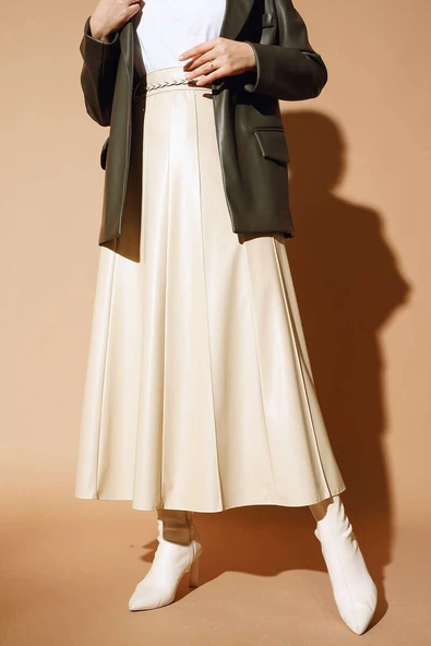 Kemerli Çımalı Deri Etek Bej - Resim 2