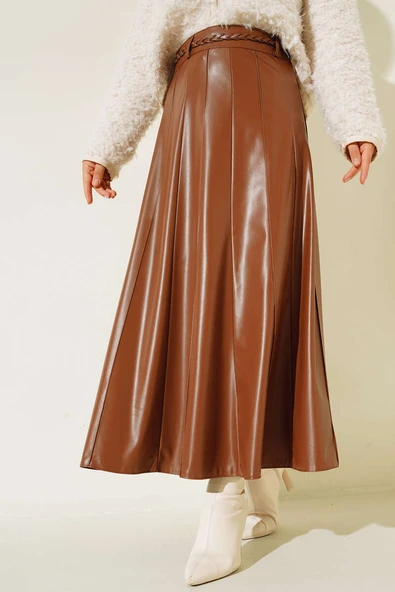 Kemerli Çımalı Deri Etek Taba - Resim 2