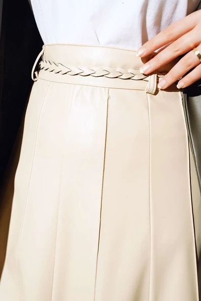 Kemerli Çımalı Deri Etek Bej - Resim 4