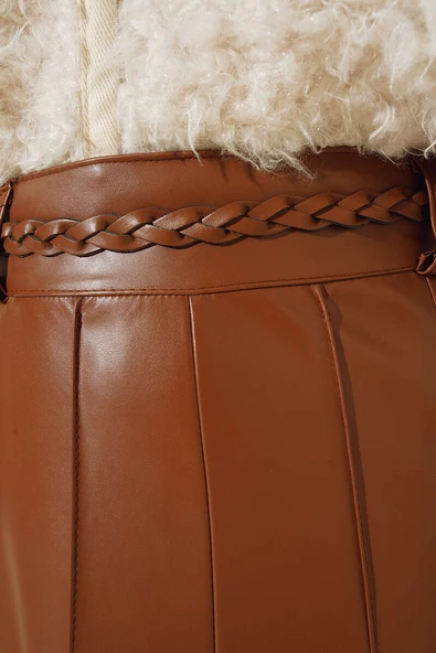 Kemerli Çımalı Deri Etek Taba - Resim 4