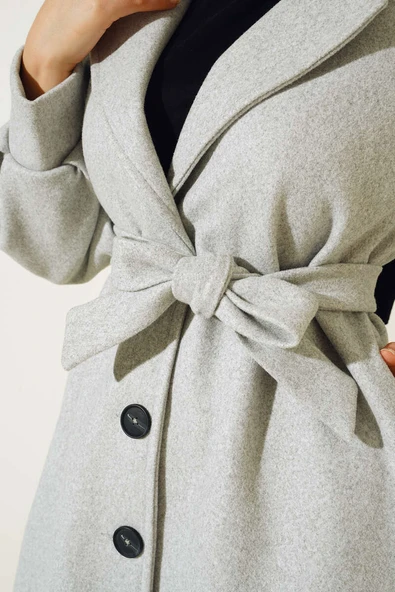 Balon Kollu Uzun Model Gri Kaşe Kaban - 4