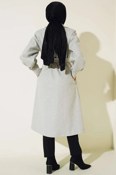 Balon Kollu Uzun Model Gri Kaşe Kaban - 3