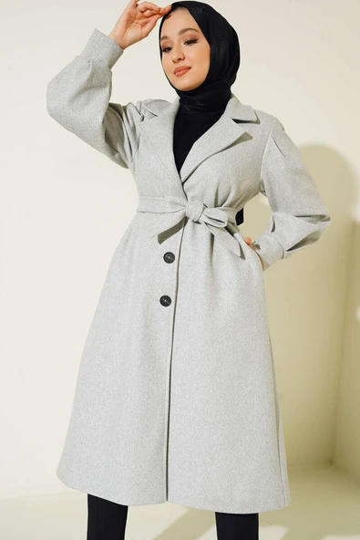 Balon Kollu Uzun Model Gri Kaşe Kaban - 2