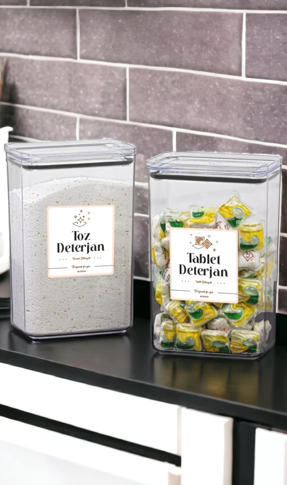 2'li Etiketli Vakum Kapaklı Kristal Saklama Kabı Kavanoz Seti 3 Lt | Tablet Deterjan Toz Deterjan Etiketli Set 3000 mL