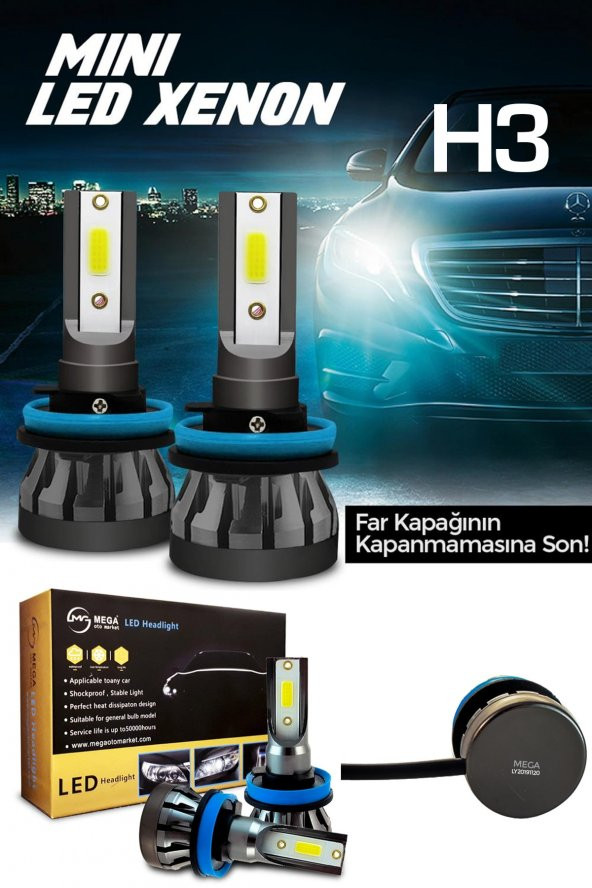 Mega Oto Market Slim Led Xenon Şimşek Etkili Mini Beyaz H3 Kapak Kapanma Garantili