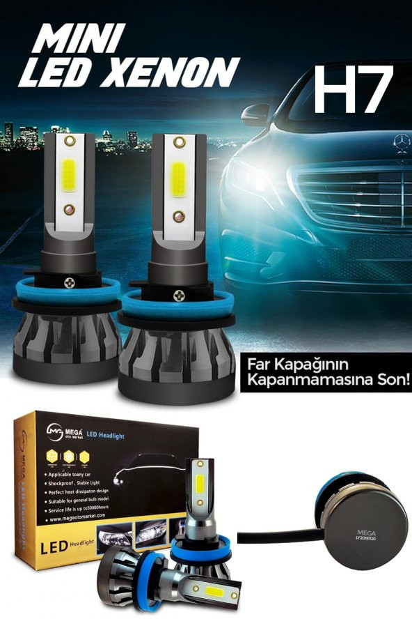 Mega Oto Market Slim Led Xenon Şimşek Etkili Mini Beyaz H7 Kapak Kapanma Garantili