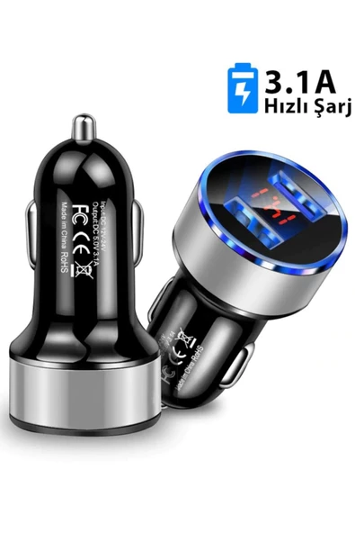 Çakmaklık Oto Araç Hızlı Şarj Aleti 3.1a Usb Çift Girişli Siyah Led Ekranlı - 2