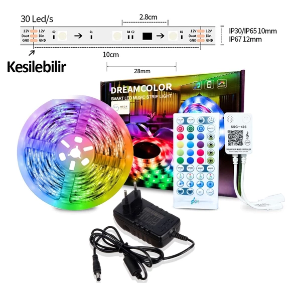 Şerit Led Kumandalı Bluetoothlu 3 Çipli 5050 Led Tv Arkası Led 5 Metre