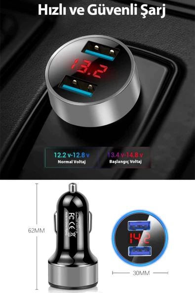 Çakmaklık Oto Araç Hızlı Şarj Aleti 3.1a Usb Çift Girişli Siyah Led Ekranlı - 3