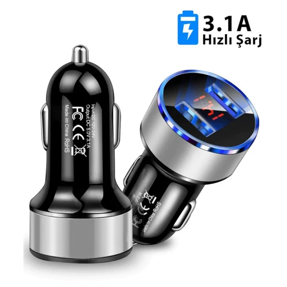 Çakmaklık Oto Araç Hızlı Şarj Aleti 3.1a Usb Çift Girişli Siyah Led Ekranlı