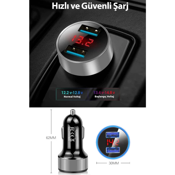 Çakmaklık Oto Araç Hızlı Şarj Aleti 3.1a Usb Çift Girişli Siyah Led Ekranlı - 4