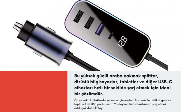 Cosmostech Araba Çakmak Şarj Cihazı 105W 4 Portlu Süper Hızlı Fast Car Charger, Type-C - 3 USB - 5