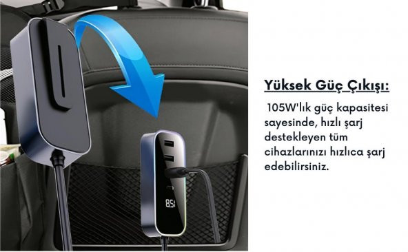 Cosmostech Araba Çakmak Şarj Cihazı 105W 4 Portlu Süper Hızlı Fast Car Charger, Type-C - 3 USB - 6