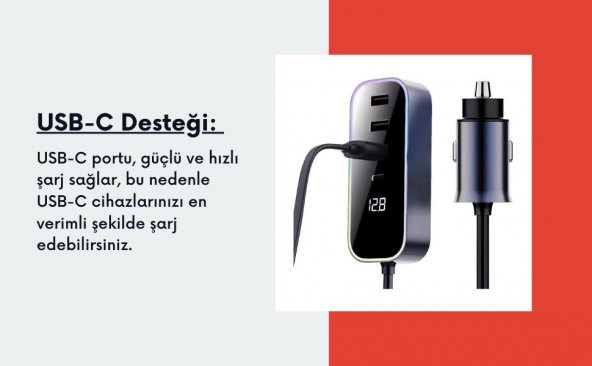 Cosmostech Araba Çakmak Şarj Cihazı 105W 4 Portlu Süper Hızlı Fast Car Charger, Type-C - 3 USB - 7