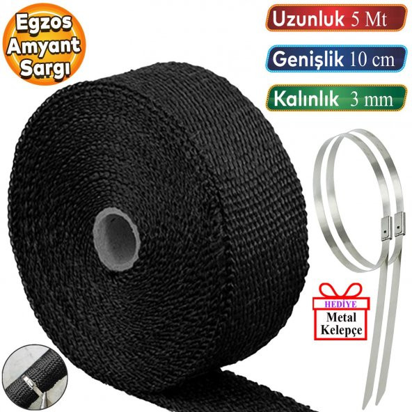 5 metre 10 cm Cam Elyaf Eksoz Sargısı Metal Kelepçe Manifold Sargı Bezi Yanmaz Bant Siyah Amyant 3 mm (Kalınlık)